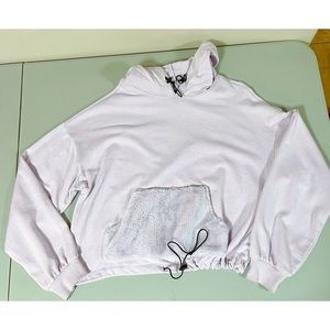 Pastel Purple Fur Drawstring Pullover Crop Hoodie Sweatshirt Sweater Size XL 💜